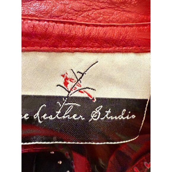 VTG Artsty Mesh Red Black Leather Leaf Applique Studded Designer Jacket Lg Read - Picture 8 of 12